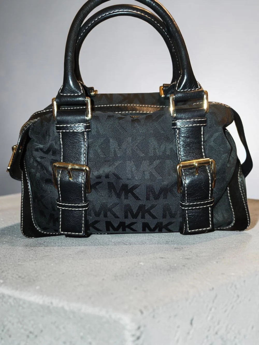 Michael Kors Black Monogram Satchel with Gold Hardware